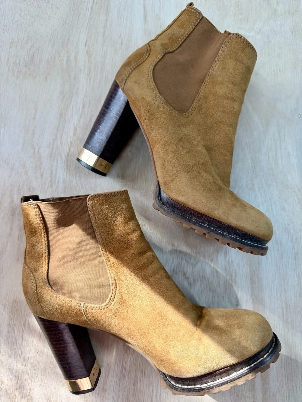 Tory Burch Virginia Luggage Suede Ankle Boots featuring a chunky lug - Size 7.5
